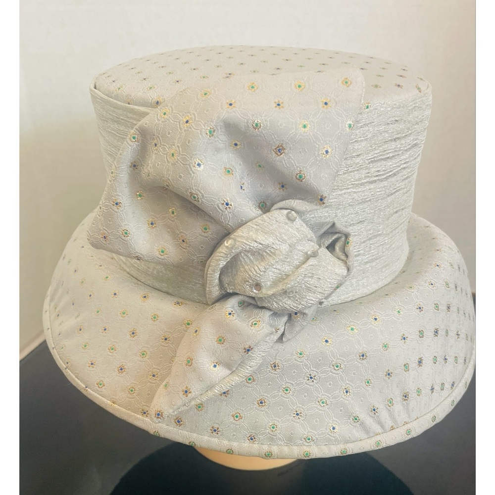 Vintage Perche’ Couture Womens Brim Hat Metallic Elegant Light Silver Dress Hat